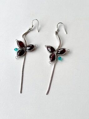 925 Silver Sterling Floral Garnet Earrings